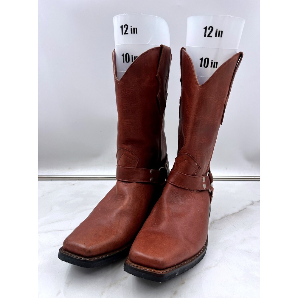 Vaquero Harness Boots Mens 9 Pull On Square Toe Cowboy Brown Leather Casual